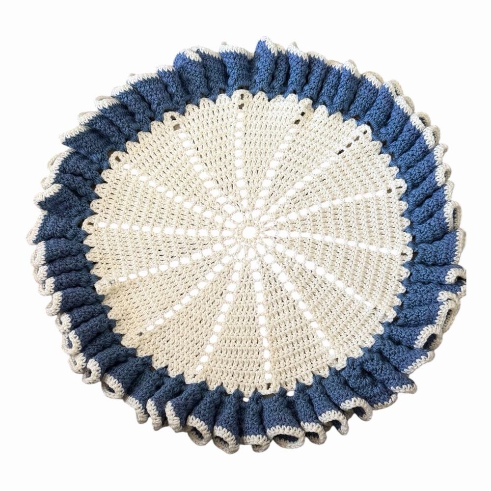 VTG Doily 24” White/Blue Crocheted Ruffled Handmade Grannycore Cottagecore